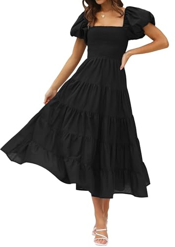 ZESICA Women's 2025 Summer Square Neck Short Puff Sleeve Solid Color High Waist Casual Smocked Flowy A Line Tiered Midi Dress,Black,Medium