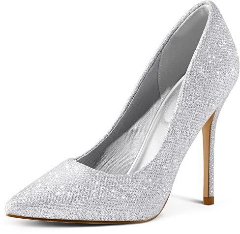 mysoft Women's High Heels Pumps Closed Pointed Toe Stiletto 4IN Heels Dress Wedding Shoes Silver Glitter