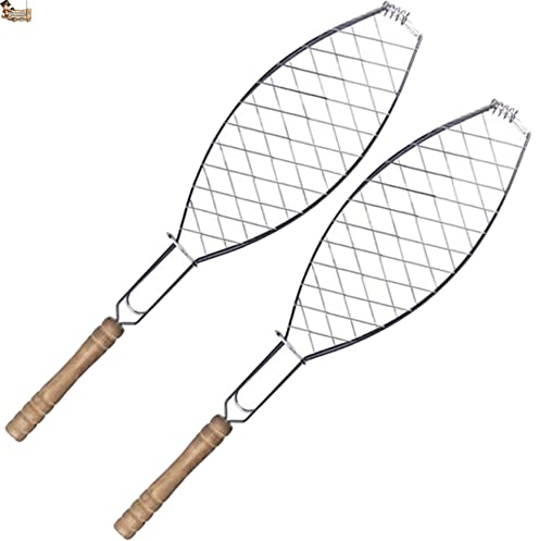 BricoLoco.com Parrilla Pescado Barbacoa Grill Acero Inoxidable. Besuguera Barbacoa. ¡¡¡ Pack 2 uds. !!! Parrillas para carbón, leña, brasa y Chimenea. 55x12 cms. Mango Madera Calidad. (2)
