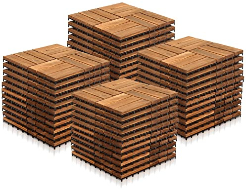 Vigevee Holzfliesen aus Akazien Holz 30x30cm,Holzfliesen für Balkon,12 Latten Fliese 4m²,Balkon Bodenbelag,Holzfliesen Balkon,Bodenfliesen für Terrassen und Balkon (44 Stück)