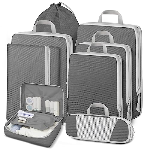 Lannvan Koffer Organizer Set 8 Teilige,Platzsparendes Packing Cubes Compression,Ultraleichte Packwürfel mit Kompression,Wasserfester Travel Organizer Packtaschen für Koffer,Rucksack und Gepäck,Grau