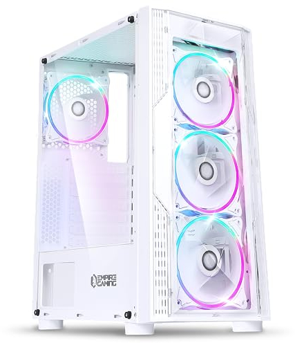 EMPIRE GAMING – Caja PC Gamer Diamond ARGB Torre Mediana ATX – Frontal Diamante Plexiglás y Pared Lateral de Vidrio Templado – 4 Ventiladores LED RGB direccionables 120 mm - Blanco