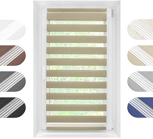 Birrke® Doppelrollo Ohne Bohren/Mit Bohren 2in1 35 x 230 cm - Tag und Nacht Duo Rollo für Sonnenschutz und Sichtschutz - Doppel Rollo - Einfache Montage Cappuccino