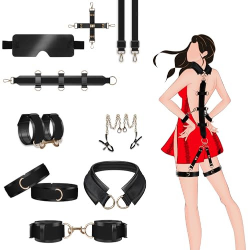 Adult Sex Toys BDSM Bondage Set - Bed Restraints, Sex Toys4couples Men & Women, Sex Toy Game Play Kit for Couples Fun with Leather Texture Handcuffs Collar, Ankle Cuff, Blindfold, Nipple Clamp Toy