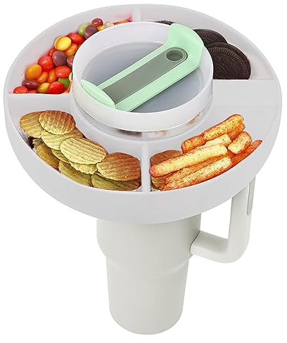 EBbels Snackschale Für 40 Oz Trinkbecher, Snackring Für Becher, Silikon Snackbehälter Für Trinkbecher Mit Griff, Snack Ringtablett Behälter Mit 4 Wiederverwendbaren Fächern (Weiß)
