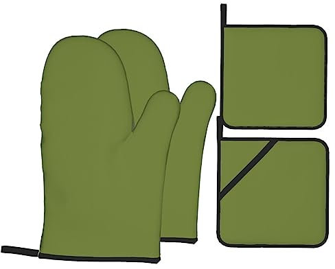YYHHAOFA Set di quattro pezzi da cucina con immagine verde scuro, guanto da forno isolato e presine, spesso e durevole