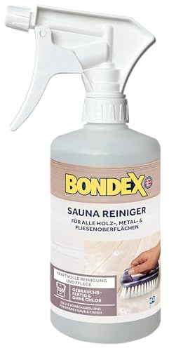 Bondex Sauna Reiniger Farblos 0,5 L für 50 m² | Entfernt Kalkflecken, Schweißränder, Schmutz und Verunreinigungen | Chlorfrei | Saunareiniger | Holzreiniger