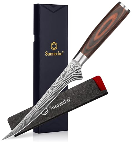 Sunnecko 15cm Filetiermesser Küchenmesser, Fischmesser Profi Messer - Fleischmesser mit scharfe Klinge, Ausbeinmesser Edelstahl mit Pakkaholz Griff in Geschenkbox