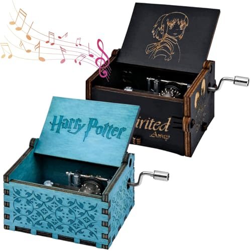 inheming 2 pcs Carved Handmade Musical Box, Spirited Away Music Boxes,Vintage Wooden Hand Crank Music Box for Children,Wife,Husband,Friend