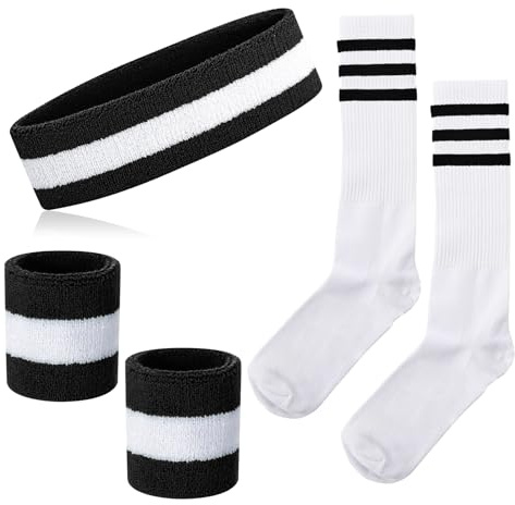Schweißbänder Gestreifte Socken Set 80er Schweißbänder 90er Kostüm Handgelenk Schweißbänder für Männer und Frauen Sport Stirnbänder 80er Fitness