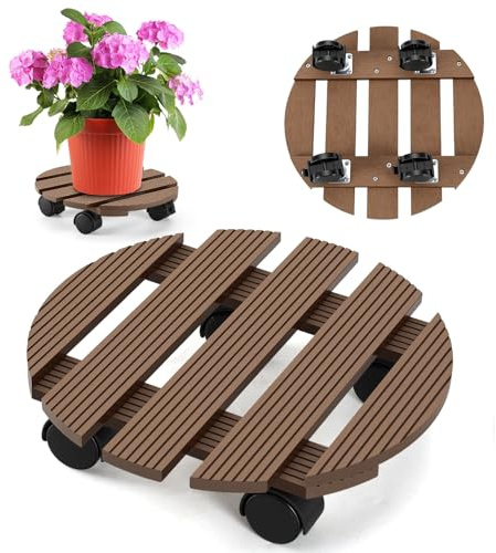 Ikodm 1X WPC Pflanzenroller Rund Ø 30 x 7,5 cm｜Blumenroller mit Rollen, Rolluntersetzer Tragkraft 80 kg｜Kübelroller für den Innen- und Außenbereich｜Rollbrett für Pflanzen, Blumentopf (Braun)