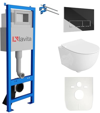 Lavita LAV 101 Vorwandelement für WC 40cm + Wand Hänge Tiefspül WC BRAVA Weiß Spülrandlos + Bedienplatte LAV 200.3.2 Verchromt | Komplettset | Unterputz Spülkasten | Toilette Komplett Sett