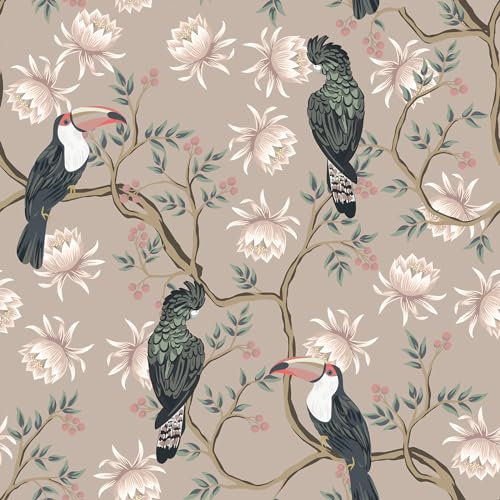 VEELIKE Tapete Vögel Chinoiserie Blumentapete Vintage Tapete Blumen Rosa Mustertapete Tapeten Wald Fototapete Blumen Klebefolie Muster Möbelfolie Selbstklebend Schlafzimmer Wohnzimmer 44.5cm×300cm