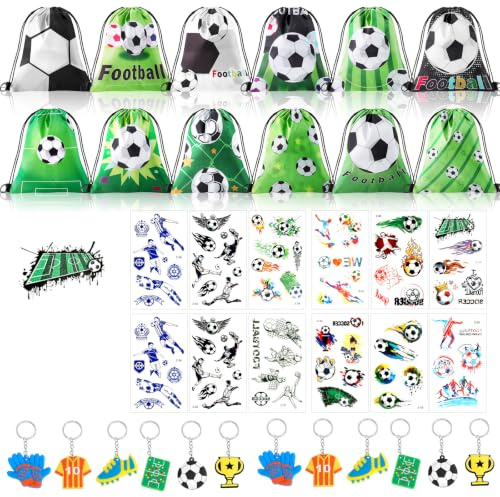 Fußball Geschenke Junge Party Mitgebsel Kindergeburtstag 12X Fussball Tüten 12X Schnapparmband Kinder 12X Schlüsselanhänger 12X Sticker Fussball Give Aways Kindergeburtstag für Junge Mädchen Kinder