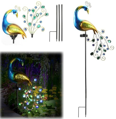 Lampe Solaire de Jardin, Décoration Extérieure, Éclairage Étanche Chemin Paysage, Statue Paon en Métal, IP65 Poteaux Lumineux Veilleuse Décorative