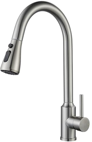 NewEast Single Lever Kitchen Tap with Pull Out Sprayer - Stainless Steel Faucet, Swan Neck Brushed Nickel Sink Mixer