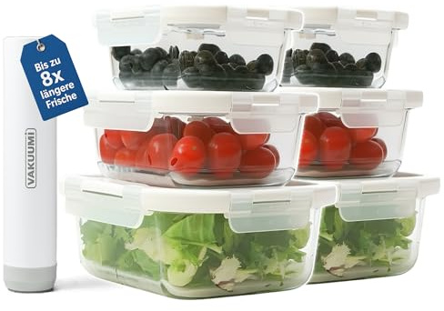 VAKUUMI Vakuumbehälter mit Pumpe – 6-teiliges Set aus Glas mit wiederaufladbarer Vakuumpumpe – BPA frei, spülmaschinenfest, hitzebeständig & gefriergeeignet inkl. Thermo Lunchbox Tasche
