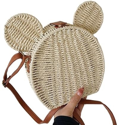 Korbtaschen Damen Runde Rattan Tasche Kreisförmige Rad Mädchen Taschen Freizeit Dame Umhängetasche Handtaschen Stroh Einkaufen Messenger Taschen Mickeying frauen Geldbörse Basttaschen Damen Sommer(Cre
