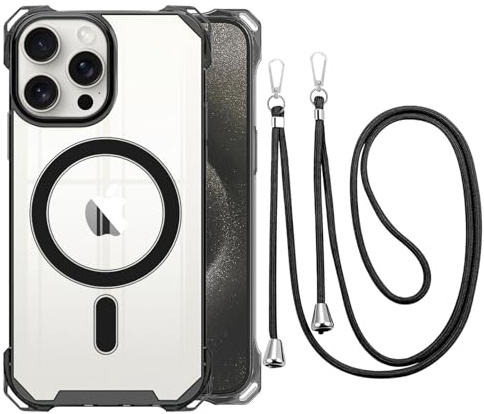CAROKI Crossbody Lanyard Case for iPhone 15 Pro Max,Ultra Clear Hard Back Magnetic Case Compatible with MagSafe Bumper with Strap Adjustable Neck Cord Cover for iPhone 15 Pro Max-Black