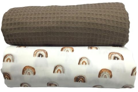 Waffelpique und Baumwollstoff Set | farblich abgestimmt | 100% Baumwolle | Ökotex | zum Nähen von Wickelunterlagen, Kissen, Babyzimmer-Ausstattung uvm. (Regenbogen, schlamm)
