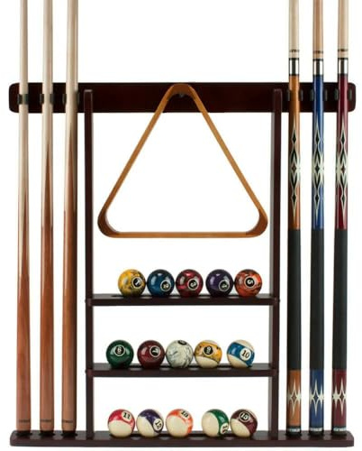 BILMAG Billard Zubehör Queue Halter Wandhalter mit Kugelregal für 6 Queues, Mahagony
