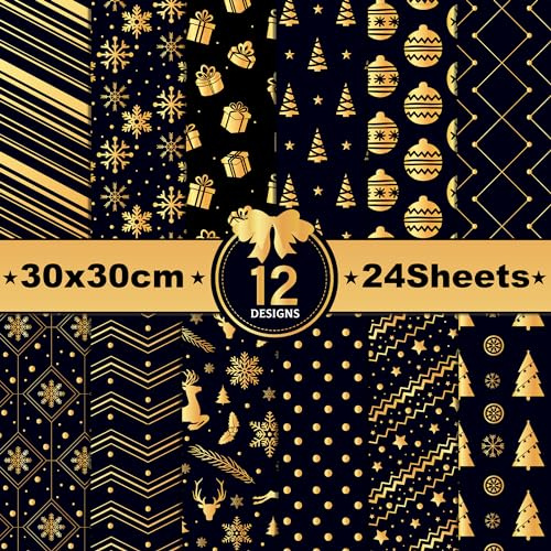MerwDeeyt Scrapbook Papier 30x30 Doppelseitiges Muster Winter Bastelpapier | 12 Muster 24 Blatt, Weihnachten Motivpapier, Schwarz Dekorpapier, für Journal Scrapbooking