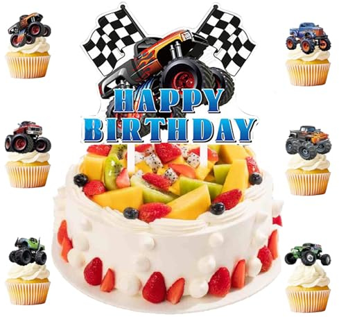 25 pièces Décoration de Gâteau Monster Truck, Happy Birthday Cake Topper pour Garçons, Décoration de Muffin Auto et Topper Cupcake, Accessoires Parfait pour Anniversaire d'Enfant