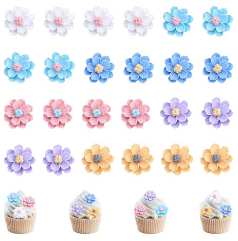 24 Pezzi Resina Fiori Cupcake Decorazione, Fiori per Torte, Fiori Cupcake Toppers, Decorative Torta Fiori, Feste a Tema Cake Accessori, per Bambini Compleanni Feste Matrimoni Baby Shower