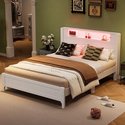 Kayan Flachbett 140x200cm, Doppelbett mit Lattenrost und Offenes Regal, Bett mit LED-Beleuchtung, Lattenrost aus Holz, Bettgestell für Heranwachsende und Erwachsene, Kiefer+MDF, Weiß
