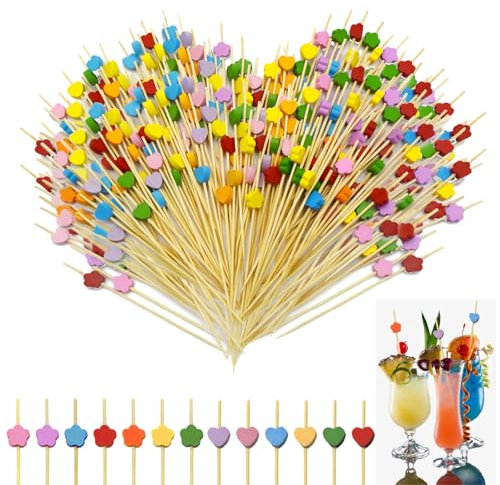 LXBCTOP 200 Stück Cocktailspieße, 12cm Holz Spieße Fingerfood, Bunt Cocktail Deko, Cocktails Zahnstocher Holz mit Niedlicher Deko, Herz Plumblüten Cocktail Sticks für Bar Snacks Party Obst Kuchen
