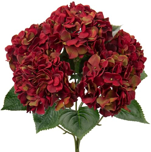 Groß Hortensien Kunstblumen Rot, Kunstblume Wie Echt Hortensien Blumenstrauß, Künstliche Blumen Seide Hydrangea Blumenarrangements, Real-Touch faux Hortensie für Hochzeit Büro Cafes Haus Deko Küche