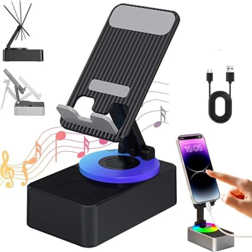 YOYOWAY Wireless Audio Bluetooth Speaker with Power Bank, 5 in 1 Telefon-Lautsprecher-Ständer 360 Drehung Telefonhalterung, Faltbarer Handy-Ständer mit Atmosphärenlicht für Büro und Heim (Schwarz)