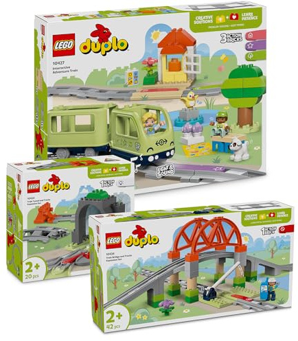 LEGO DUPLO Eisenbahn Abenteuer 3er-Set - Starter Set mit DUPLO Zug Elektrisch, LEGO DUPLO Eisenbahnbrücke, Eisenbahntunnel & Eisenbahn Schienen (10425, 10426 & 10427), ab 2 Jahre Eisenbahn