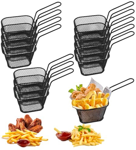 JAMHEXOU 12 Stück Frittierkorb Schwarz Edelstahl Klein Servierkörbchen für Pommes Mini Pommes Körbchen Mini Frittierkörbe Pommeskörbchen zum Servieren für Pommes Frites Garnelen Zwiebelringen
