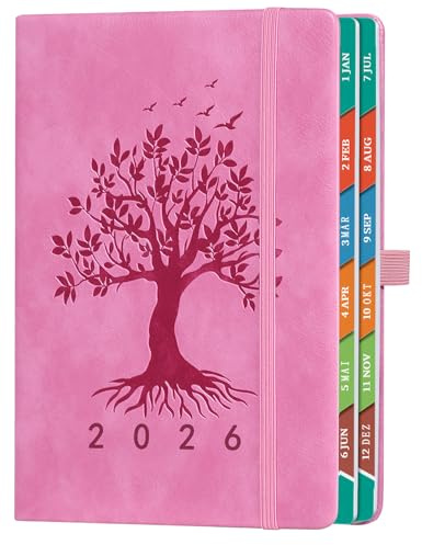 ZXHQ Kalender 2026 – Tagesplaner A5 (21,5 x 15 cm) Deutsch, 1 Tag 1 Seite Terminplaner (Jan – Dez 2026), mit Monatsübersicht, Deutschen Feiertagen, Inspirierenden Zitaten & Innentasche - Rosa