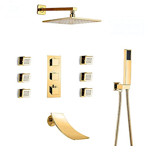 DGYIKRHS Ensemble de Douche thermostatique doré avec pommeau de Douche, douchette à Main, Robinet de Baignoire Cascade, Jets de Corps, 12 Pouces
