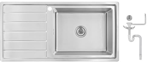 Preer-100x50x21,R20 Évier de cuisine en acier inoxydable 304, épaisseur 0,8 mm, XXL Bac 50x40 cm, 1 bac, carré, évier, égouttoir à gauche