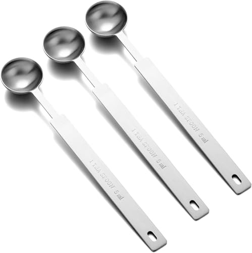 1 TSP Measuring Spoon, 3 Pcs 1 Teaspoon Scoop - 18 cm Stainless Steel Long Handle Teaspoon, Easy to Clean & Use for Dry Liquid Ingredients, Baking, Cooking, Coffee, Spices (Silver, 1 TSP, 5 ml)