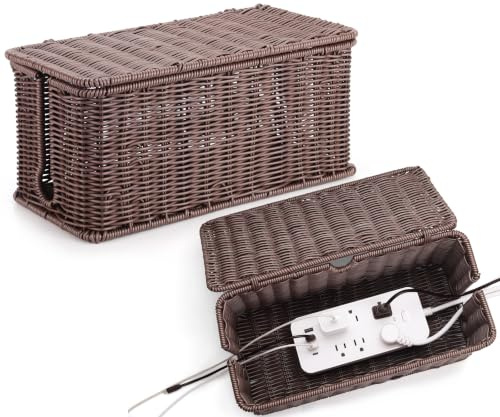 Large Cable Management Box, Handwoven Imitation Rattan Cord Organizer Cord Hider Box, Desk Cord Management Box to Hide Cords and Power Strips, Dark Brown