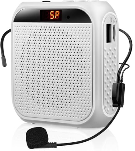 Amplificatore Vocale Portatile per Insegnanti, 2200mAh Ricaricabile Amplificatore Microfono Portatile Microfono Auricolare Microfono con Cassa per Guida Turistica, Riunione, Yoga, Aula (Bianco)
