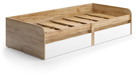 Vicco Kinderbett Clario, Weiß/Artisan, 90x200 cm | ohne Matratze, ausziehbar als Jugendbett mit zusätzlicher Liegefläche