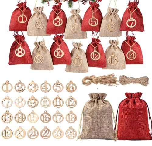 ALINK Calendrier de l'Avent à remplir - XXL - Kit de bricolage - 24 sachets en tissu - Grand et petit - Rouge et beige naturel - Pendentif en bois - Chiffres - Sacs en toile de jute - Réutilisables