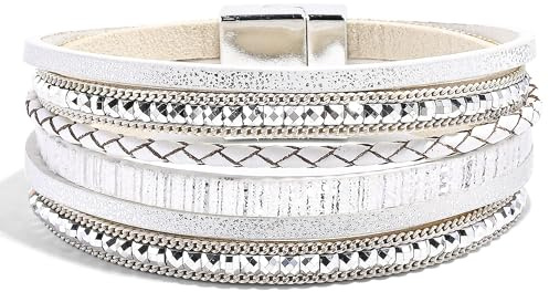 Wickelarmband Damen Weiß Boho Multilayer – Lederarmband Damen, mehrschichtiges Dame Armband Leder mit starker Schnalle, modisches Frauen Armband Schmuck, Boho Lederarmband Geschenk für Frauen