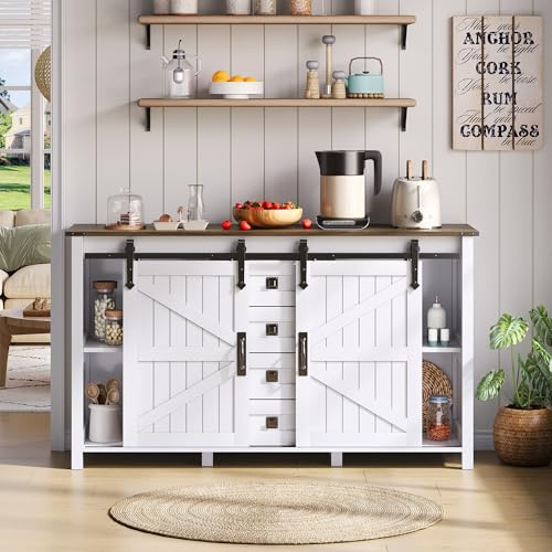 EMKK Buffet Salle à Manger avec 2 Portes Coulissantes et 4 Tiroirs, Meuble Cuisine avec Plan de Travail, Armoire de Rangement Rustique en Bois pour Cuisine, Bar à Café, Salon, 137 * 40 * 81.5cm