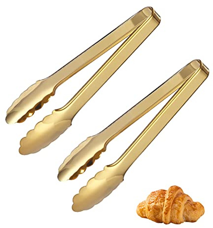 2 Pcs Gold Serving Tongs, 9 Inch Stainless Steel Kitchen Tong Kitchen Cooking Tongs for Pasta Salad BBQ Cake Home Party(Color:Gold)