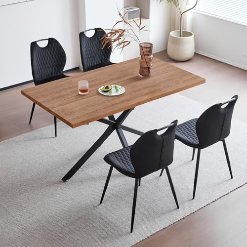 JZGORC Esstisch mit 4 Stühlen Esszimmer-Set,140 * 78 * 77 cm Rechteckiger Esstisch aus Holz,4 Stühle mit hoher Rückenlehne, Schwarze Meta-Beine,Dunkelbraun Tisch+Schwarze Stühle
