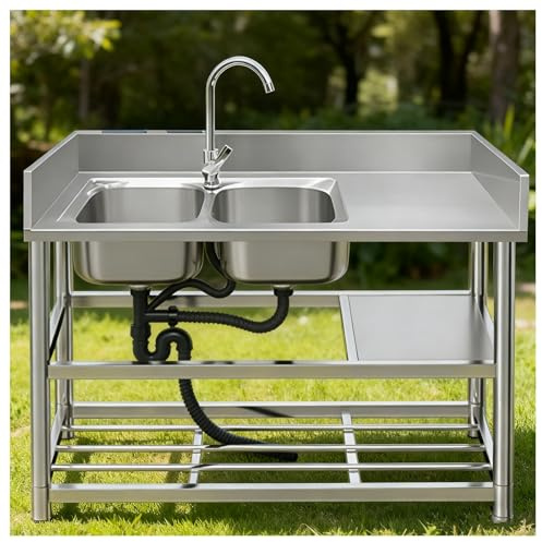 Lavello da cucina a doppio lavabo in acciaio inox, bordi a tripla saldatura, altezza 80 cm, spazzolato h, costruzione monoscocca, angoli a raggio piccolo, fascio di incasso, lavabo sinistro 47,2 x