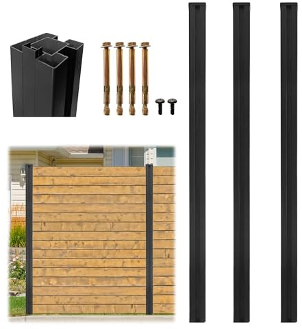3 Pack 6Ft Aluminum Fence Post, 3-Way Adjustable (180°/90°/0°), Matte Black Rustproof Privacy Fence Posts No Dig for Outdoor Wood Panels