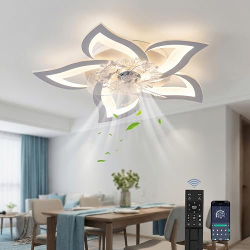 yuye Ventilador de techo con luz, moderno, LED regulable, con ventilador y control remoto, silencioso, con un creativo diseño en forma de flor de acrílico, ideal para dormitorio y cocina (69CM)