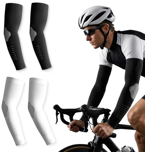 2 Paar UV-Schutz Armstulpen UPF 50+ aus Nylon, 37 cm, Dehnbar und Atmungsaktiv für Damen und Herren, für Radfahren Laufen Golf Angeln, Schwarz und Weiß